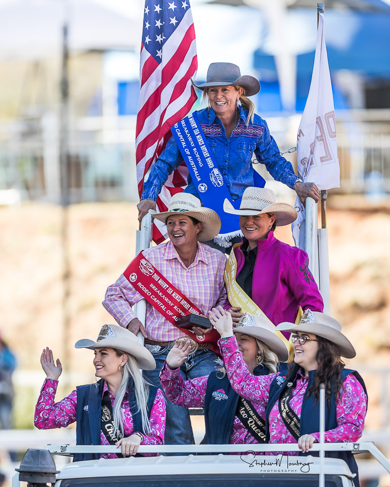 MI810102-Cherie O'Donoghue, Rae-Etta Harrison and Kristie Moore, the winner and placegetters in the Breakaway Roping competition with our Rodeo Queens
