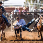 Current APRA Australian Steer Wrestling Champion Charers Towers Cowboy Tate Van Wel stops the clock in 6.05 secs to lead after the first section