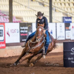 MI210737-Leanne Caban and 'Akka Dakka' lead after the first section of the Ladies Barrel Race after stopping the clock in 1.658 secs
