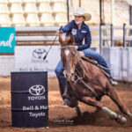 MI223441-Charters Towers cowgirl Tylen Gibb, the 2022 Mount Isa Mines Barrel Race Champion on board her 19yo gelding 'Traditional Ramses'